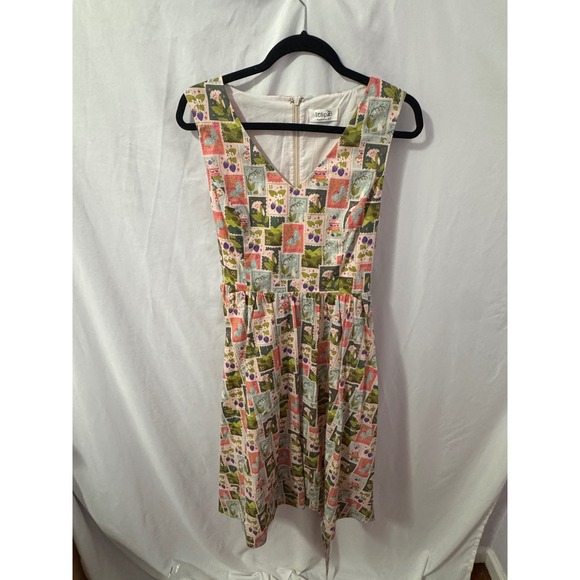 Tulip B Dresses & Skirts - Tulip B Stamp Print Fit Flare Dress W M/L Pink Green Cottagecore Vintage Style